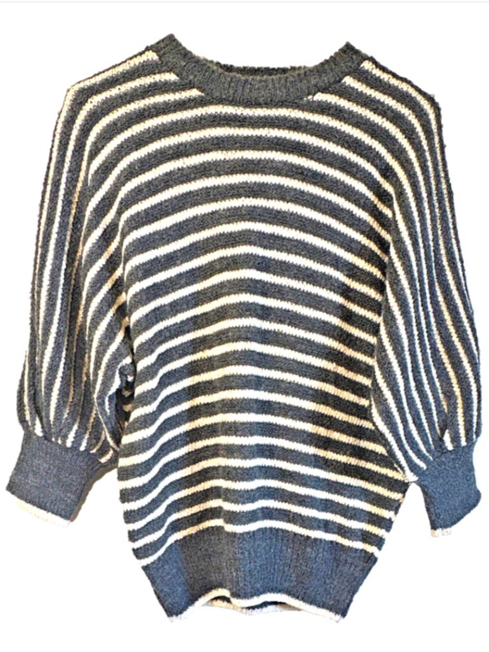 Vintage 80s Vivanti Women M Gray/White Striped Knit Crewneck Sweater Wool Blend